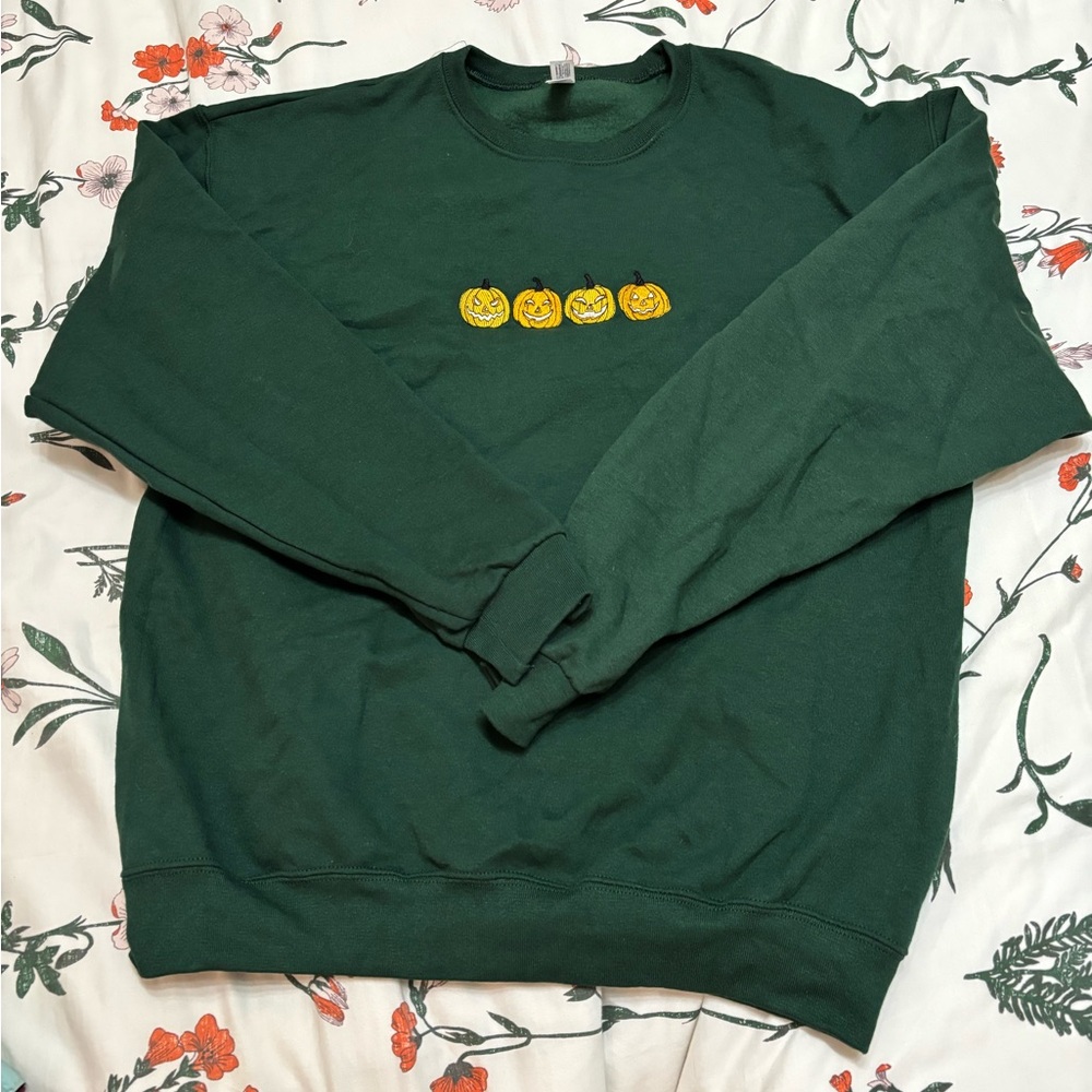 Dark Forest Green Pumpkin Embroidered Sweatshirt